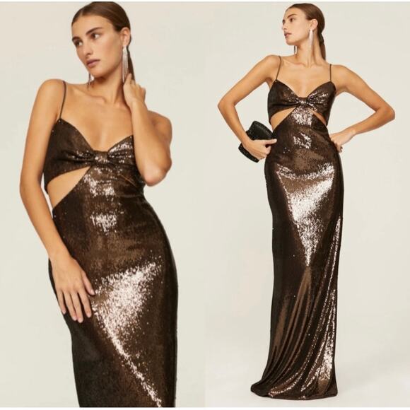 HALSTON Chloe Gown Cut Out Maxi Dress in Sequins Espresso Brown Size 8 - Picture 1 of 11